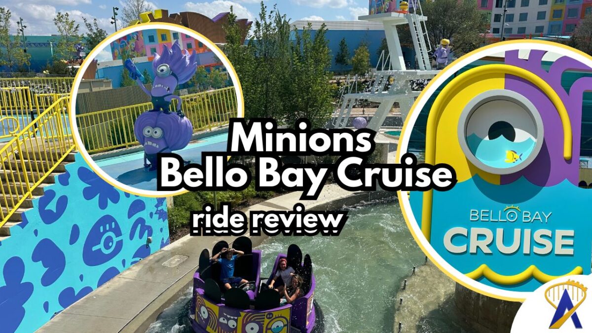 mionions ride bello bay cruise review photos of ride path and vehicles and minion figures