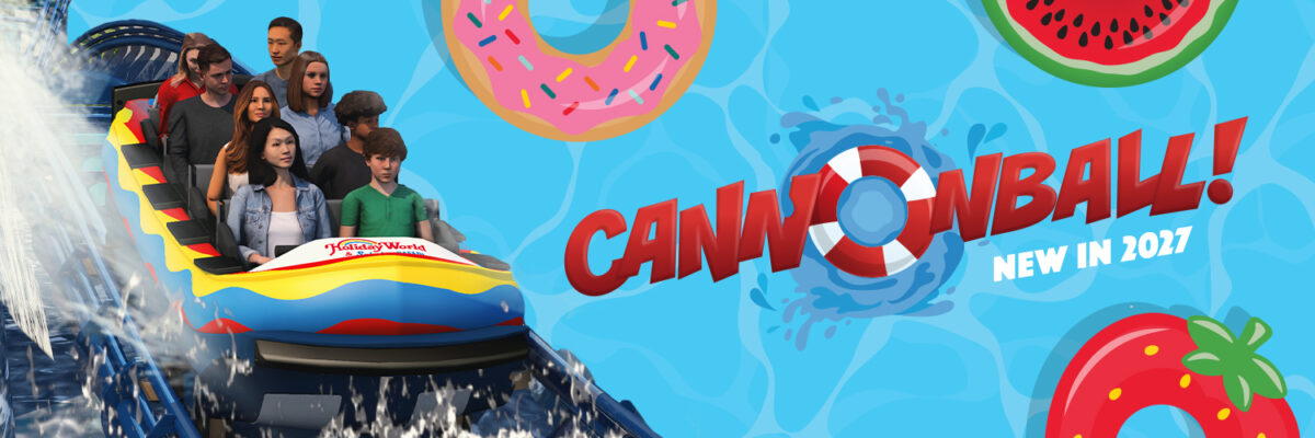 Holiday World's Cannonball! ride vehicle and track concept banner