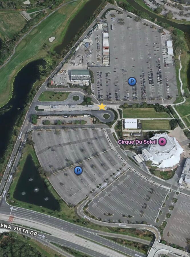 Legoland Shuttle Express Disney Springs location on aerial map