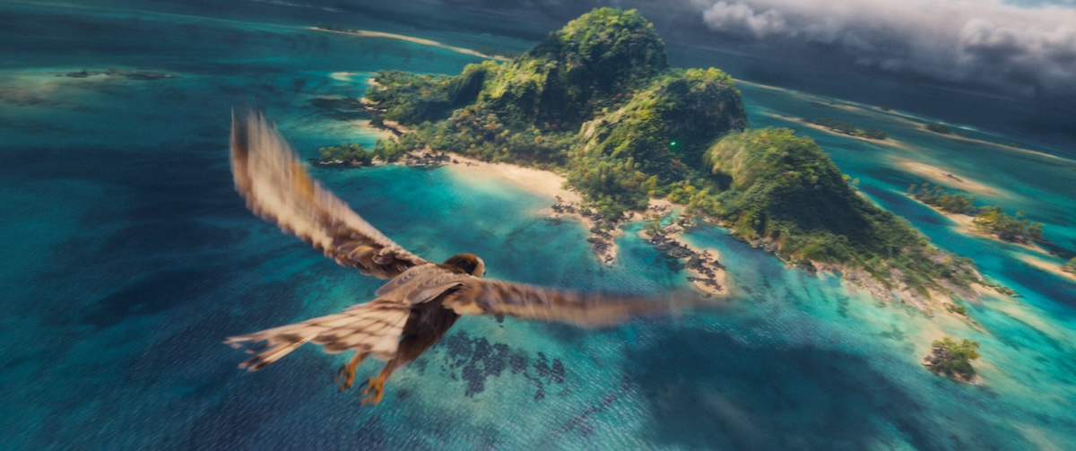 Maui as a hawk flying in to steal the Hear of Te Fitii in the live-action Moana