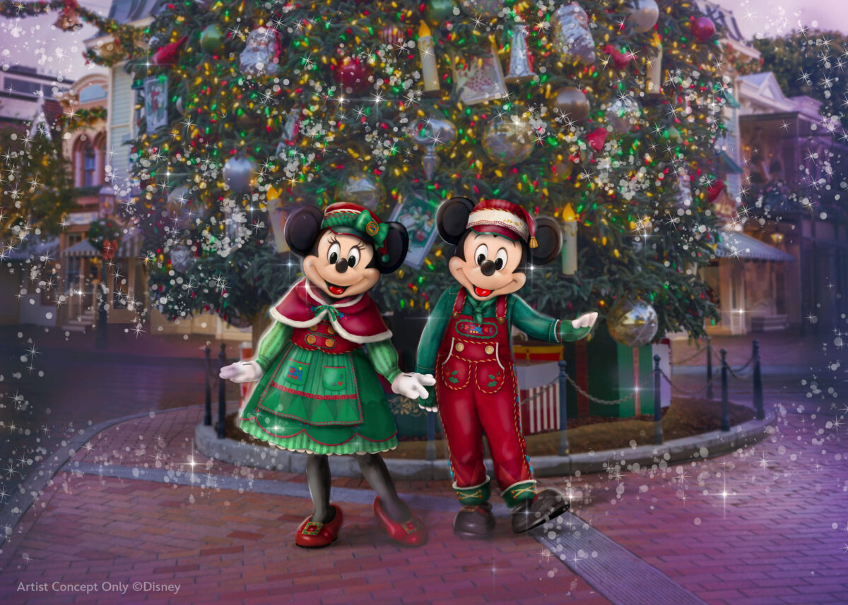 Mickey Mouse, Minnie Mouse and their pals debut new looks at Disneyland park for Holidays at the Disneyland Resort, starting Nov. 13, 2026, and continuing through Jan. 6, 2027, in Anaheim, Calif. Their festive new fashions capture the spirit of holiday travel and a wintery alpine gathering. (Artist Concept/Disneyland Resort)  

