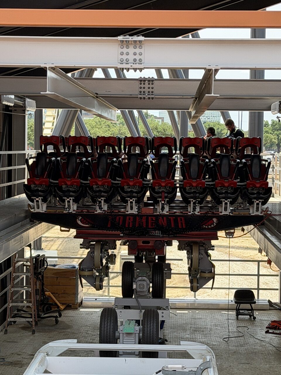 Tormenta coaster train in load station at Six Flags Over Texas 