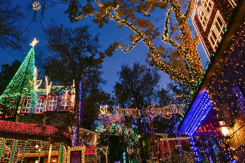  An Old Time Christmas celebration lights adorn multiple buildings