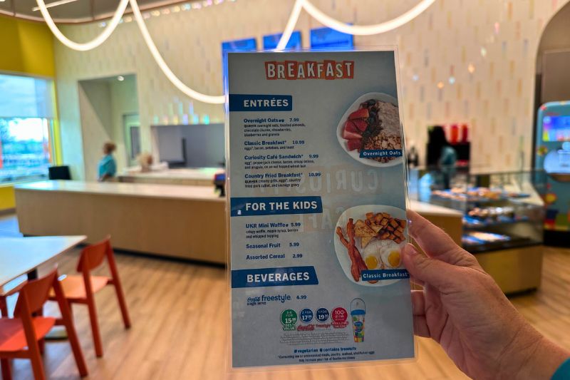 Breakfast menu at Curiousity Cafe Universal Kids Resort Hotel