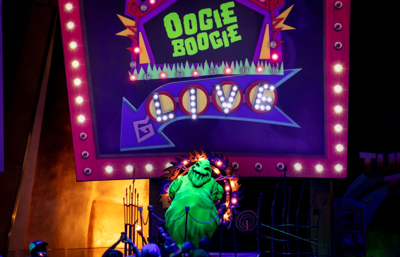 Disneyland Oogie Boogie Bash opening area with Oogie Boogie character