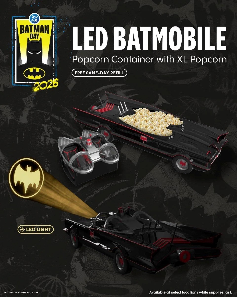 LED Batmobile popcorn bucket coming to Cinemark. Image courtesy of DC & Cinemark