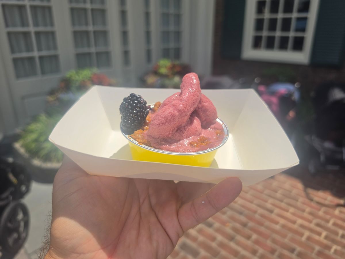 A hand holding a quick-service paper boat with berries and gelato