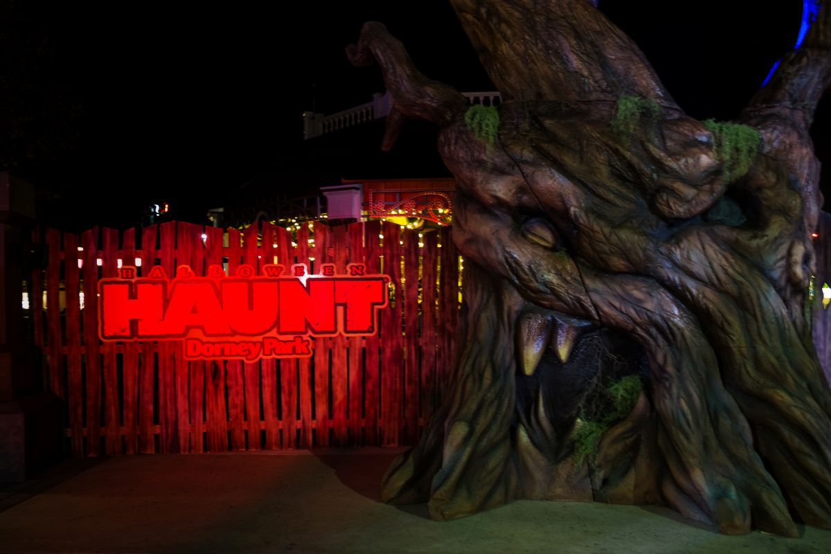 Dorney Park Halloween Haunt lighted pathway and event signage at night.