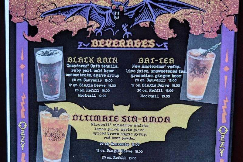 Drink menu at Ozzy Osbourne bar 