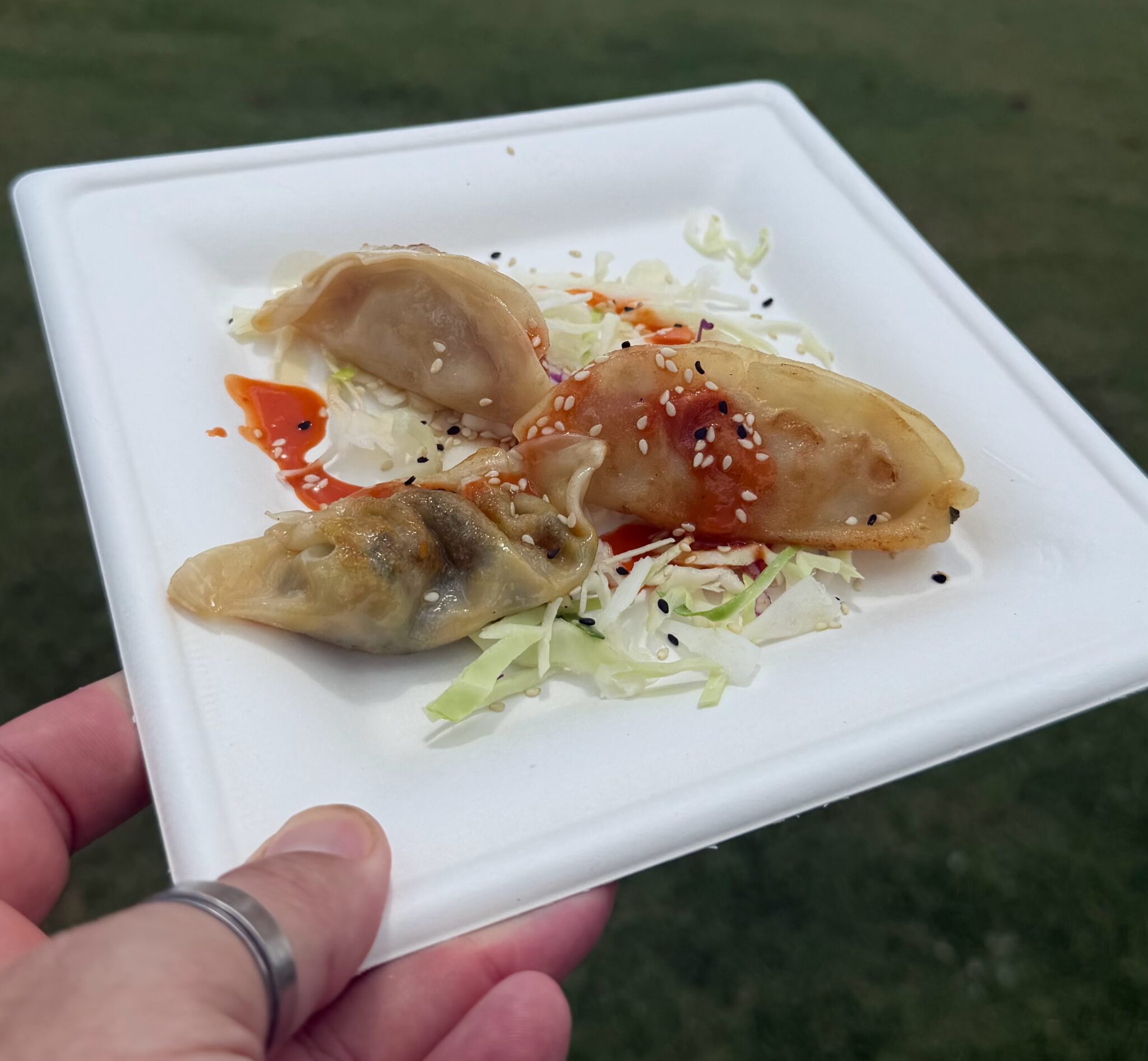 Three small dumplings on a white paper plate 