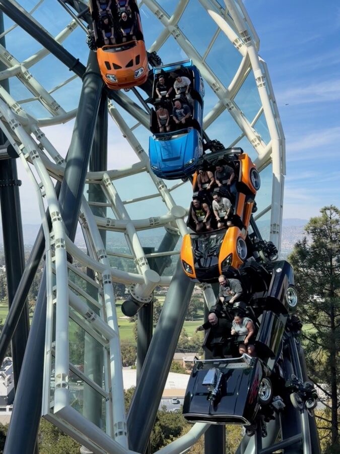 Fast & Furious Hollywood Drift coaster on banked turn