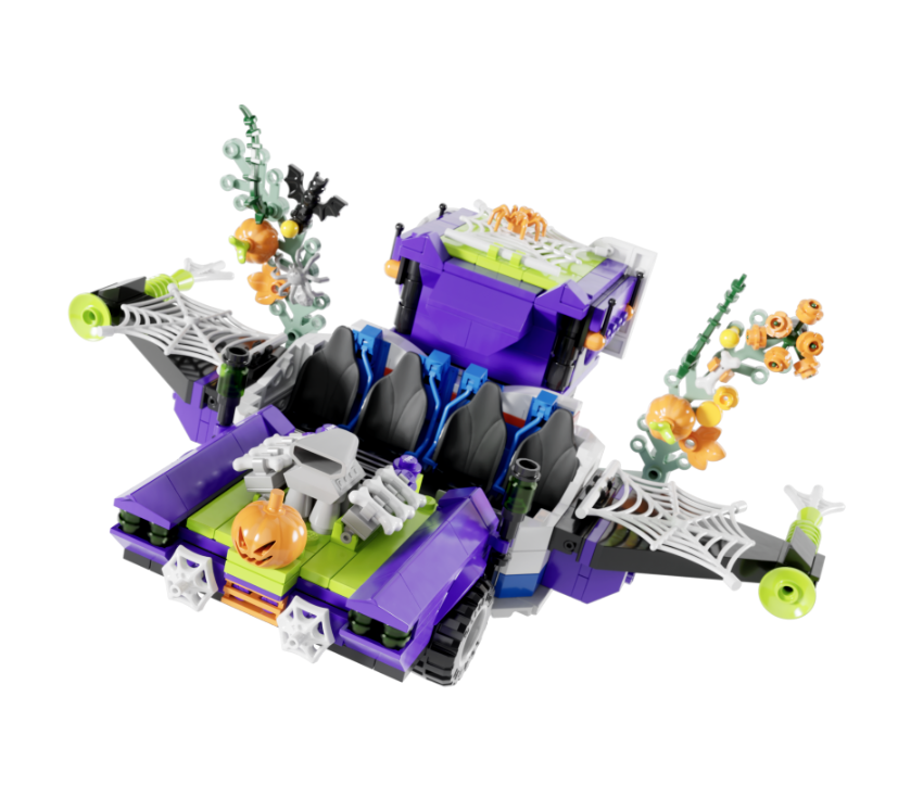 LEGO Galacticoaster ride vehicle with Halloween elements like LEGO spider webs and Jack-O-Lanterns