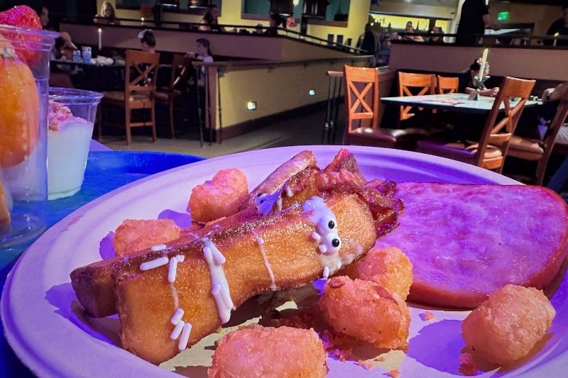 French toast sticks, ham, tots, bacon, sausage at Halloween breakfast