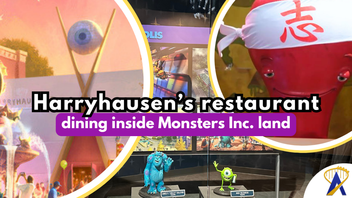 Harryhausen's restaurant Monsters Inc land Monstropolis Hollywood Studios background photo by Dani Meyering front photos from Disney
