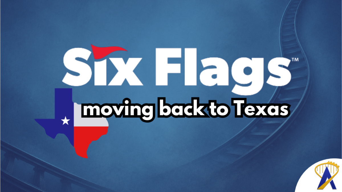 Six Flags headquarters moving back to Texas with texas graphic and six flags logo