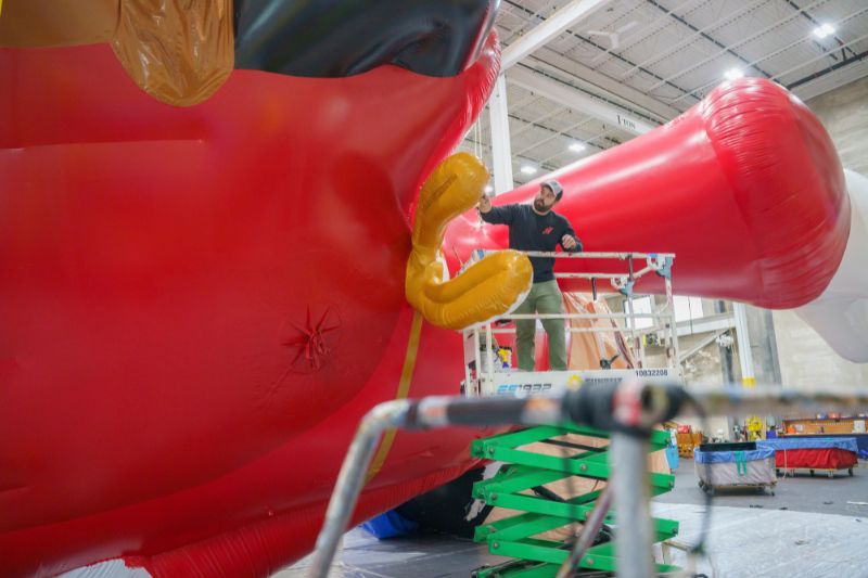 Sorcerer Mickey Macy's Parade balloon in progress looking toward head and right arm 