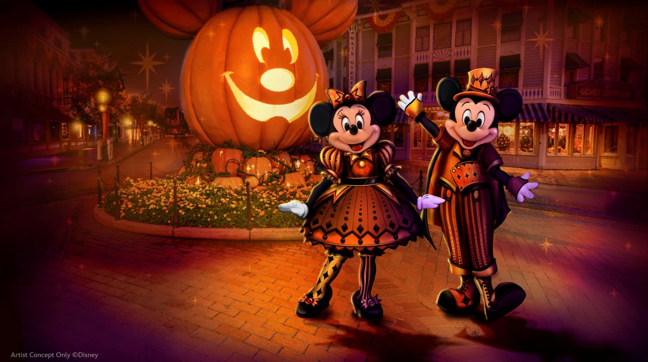 Disneyland Halloween Time concept art with mickey and minnie in festive costumes