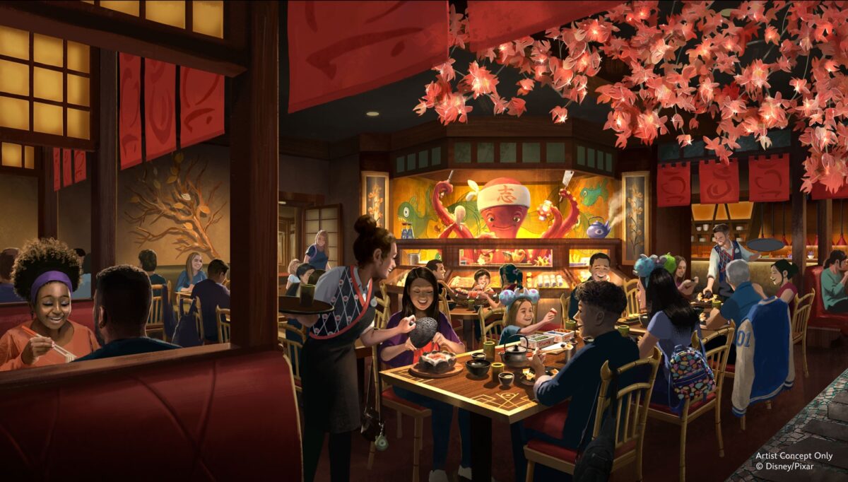 concept art of Audio-Animatronics sushi chef and dining space of Harryhausen's restaurant