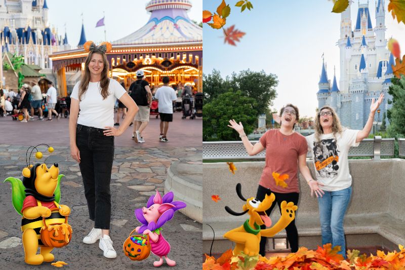 two photopass pictures side by side pooh and piglet next to pluto photo