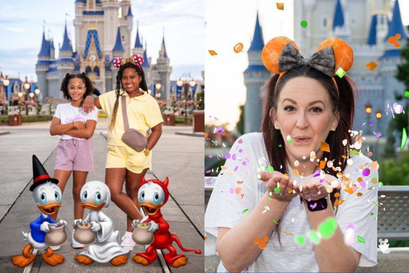 two photopass pictures side by side with Huey, Dewey, and Louie – The duck trio appears dressed in Halloween costumes as seen in the classic "Trick or Treat" animated short next to halloween confetti 