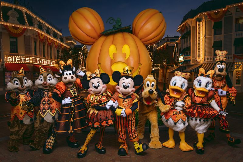 New costumes for Mickey and friends Disneyland Halloween Time characters pose for a photo on Main Street 2026 