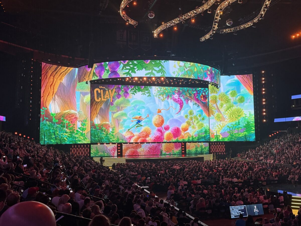 disney animated movie clay graphic on screen on stage at D23 presentation