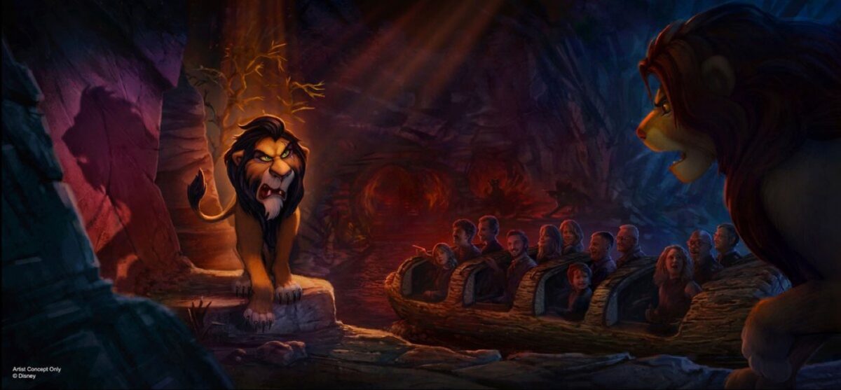 concept art of simba and scar scene on new lion king boat ride in paris
