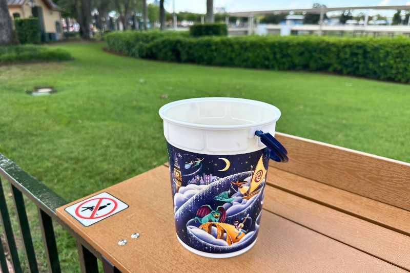 Popcorn refill bucket on new food ledge at Epcot near Mexico