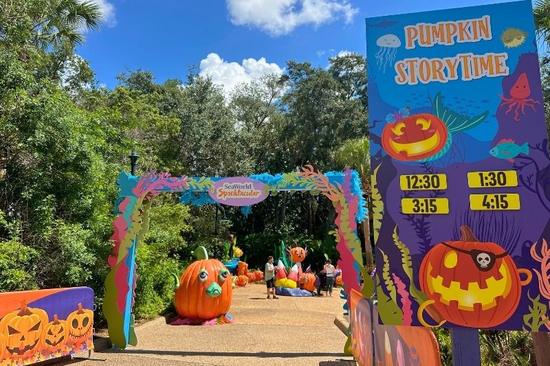 Pumpkin garden and storytime sign at SeaWorld Orlando Spooktacular