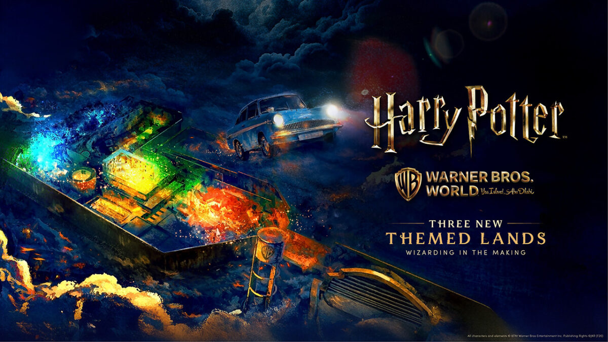 promotional graphic for Harry Potter themed lands for warner bros. world yas island