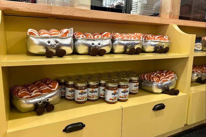 Cinnamon Bread loaf plush and Apple Butter on shelves