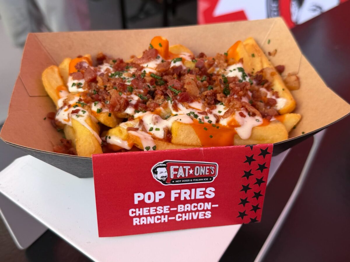Fat One's Hot Dogs Pop Fries with cheese and bacon