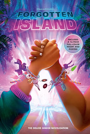 Two hands clasp in a forearm shake against a glowing, tropical background with the DreamWorks Forgotten Island title and a promotional text circle.