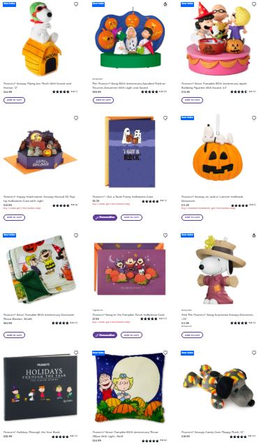 Screenshot of Hallmark merchandise for Great Pumpkin Charlie Brown anniversary