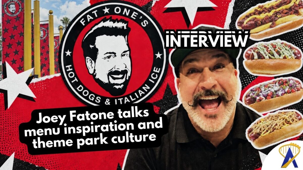 Joey Fatone interview about Universal theme parks and Fat One's, Joey Fatone, Fat One's logo, and hot dogs