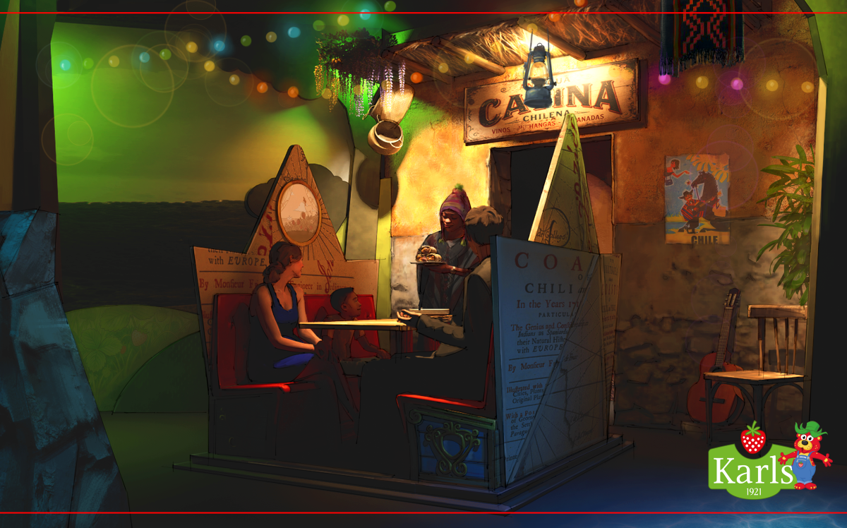 Concept art rendering showing guests seated in a themed FlowDiner booth vehicle inside a Cantina setting.