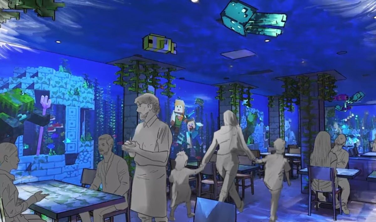Minecraft World Hotel Deep Sea Diner concept with minecraft theming and blue lights