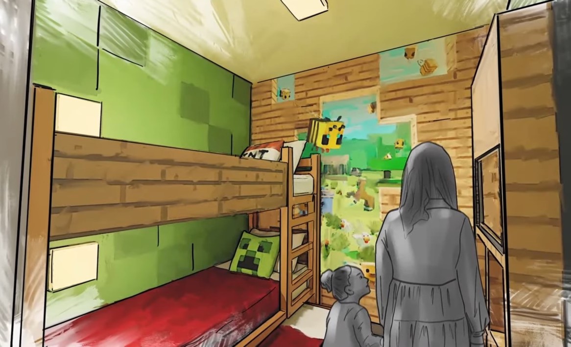 Minecraft World Hotel guest room kids area concept