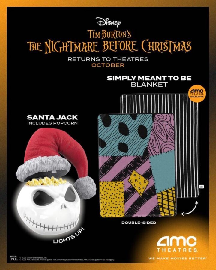 AMC Theaters graphic for Nightmare before christmas popcorn bucket and blanket