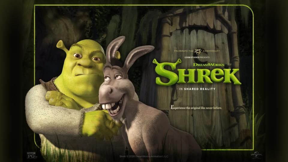 Promotional image for "Shrek" at Cosm featuring shrek and donkey