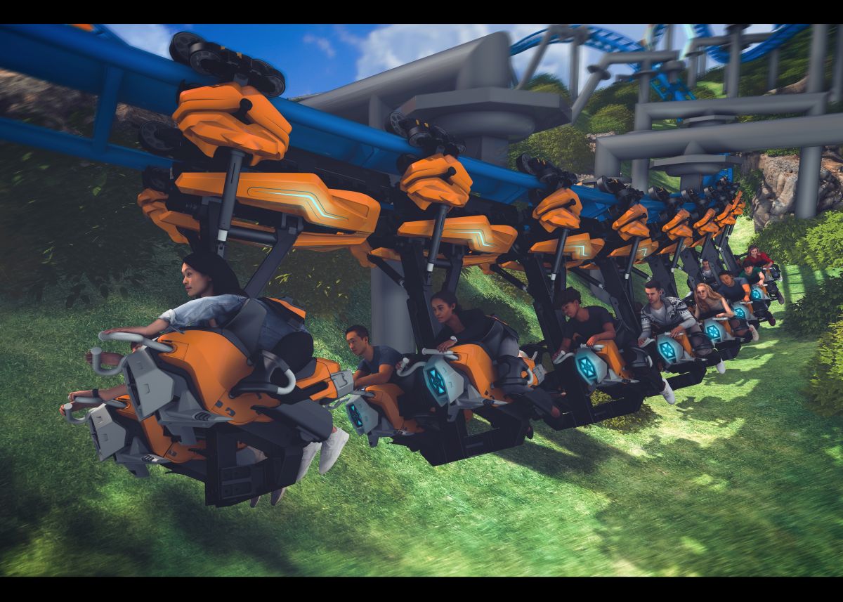 Concept art for Thrill Glider, a new roller coaster 2027. Rendering shows a group of people riding a suspended roller coaster with orange seats along a blue track, moving through a lush, green, hilly outdoor environment.
