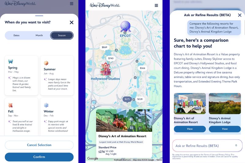 three screenshots side by side for disney planning tool