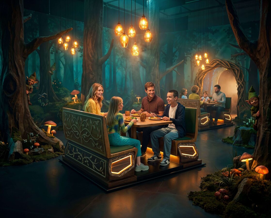 eatX forest scene dining dark ride concept 