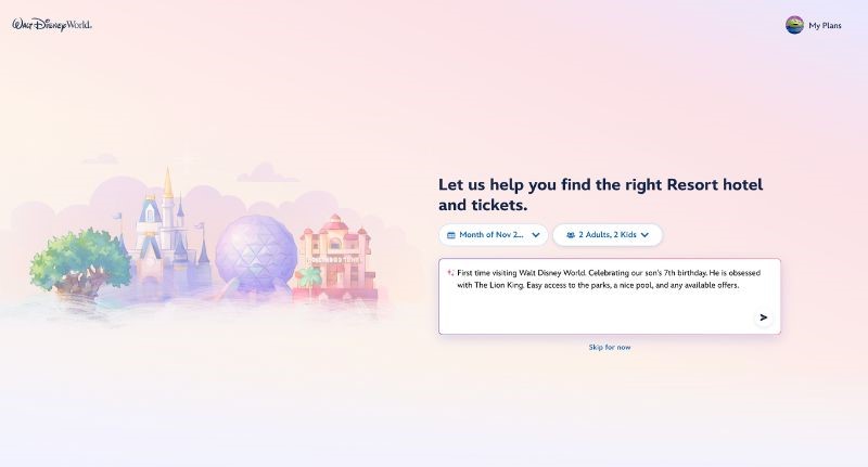 Preview of walt disney world vacation planning tool entry screen on web browser.
