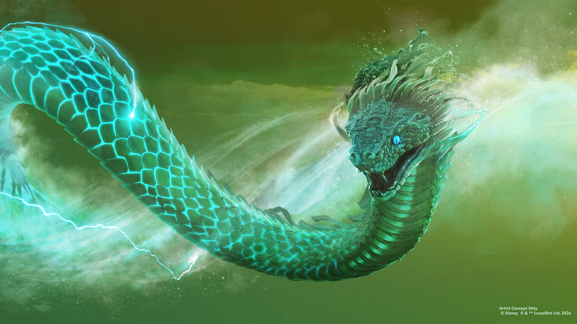 A long, serpentine creature with glowing turquoise scales and bright blue eyes, surrounded by swirling green mist and streaks of electric energy.