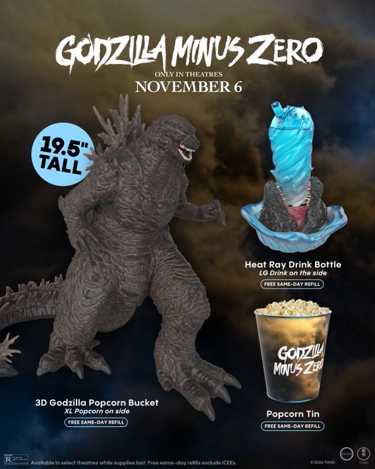 Promotional poster for Godzilla Minus Zero featuring a 19.5-inch Godzilla popcorn bucket, a heat ray drink bottle, and a branded popcorn tin bucket.