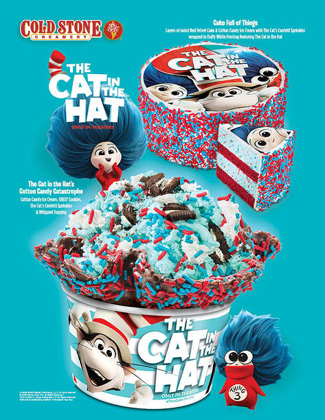 Cold Stone Creamery Cat in the Hat movie ice cream treat featuring Cotton Candy Catastrophe ice cream and Cake Full of Things cake.