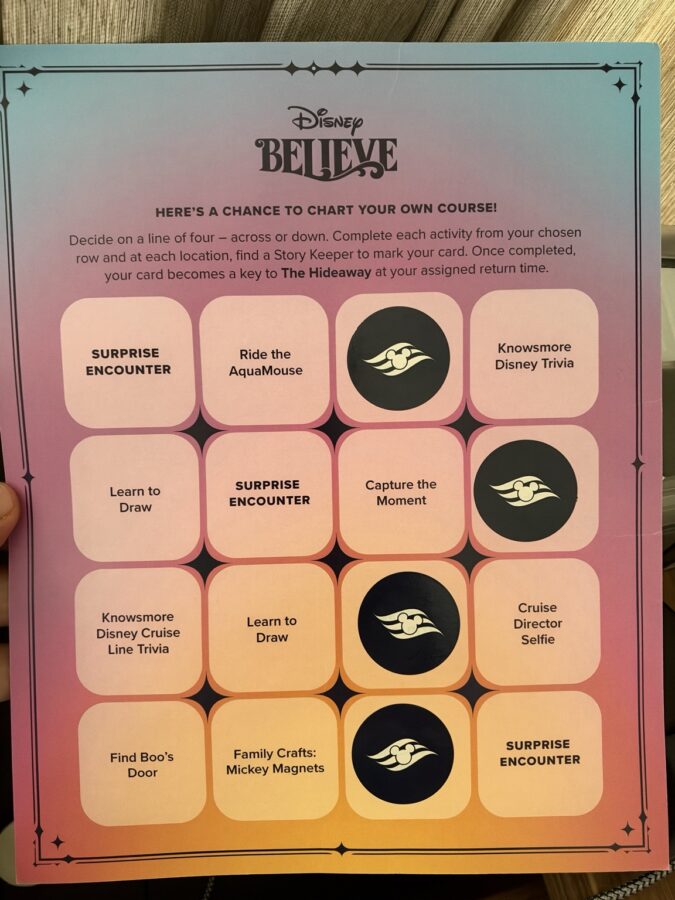 Day two bingo card Disney Believe reveal cruise