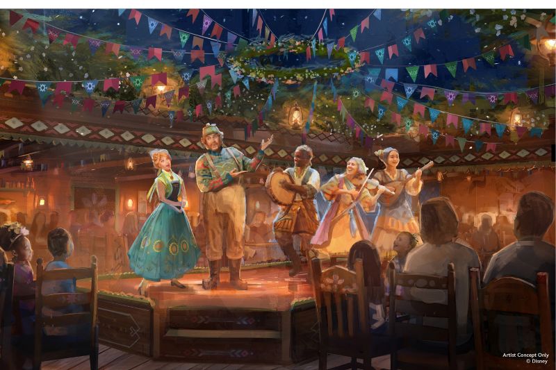 Disney Believe Oaken's Table  rendering with anna oaken and a trio band on stage