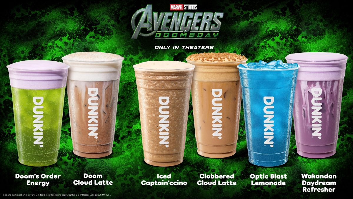 Six Dunkin' iced beverage cups arranged in a row against a green background, promoting the Marvel Studios Avengers: Doomsday movie collaboration.